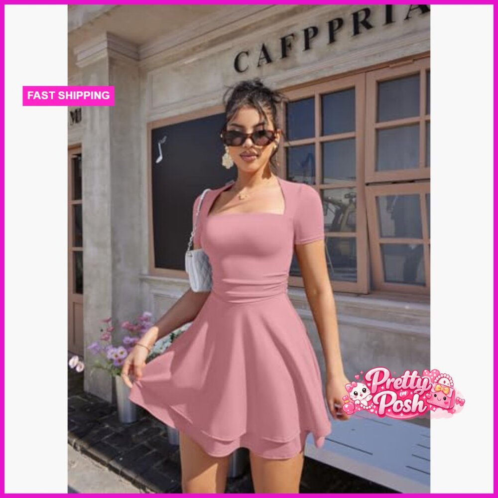 Polyester Blend Square Neck Ruched Mini Dress Sho… - image 2